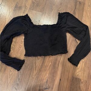 Aerie Black Smocked Puff Sleeve Blouse